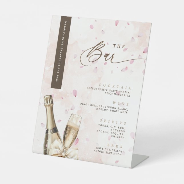 Elegante Bubbly Petals Bow Pink Bar Drinks Menu Sockelschild (Vorderseite)