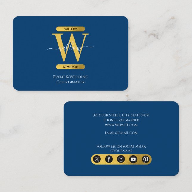 Elegante Bue & Gold Monogram Social Media Icons Visitenkarte (Vorne/Hinten)