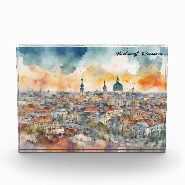 Elegante Bukarest Rumänien Wasserfarben Stadtansic Fotoblock (Vorderseite)