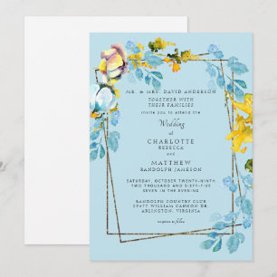 Elegante bunte blaue und gelbe Blumenhochzeit Einladung