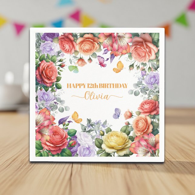 Elegante Bunte Blumen 12. Geburtstagsfeier Serviette (Von Creator hochgeladen)