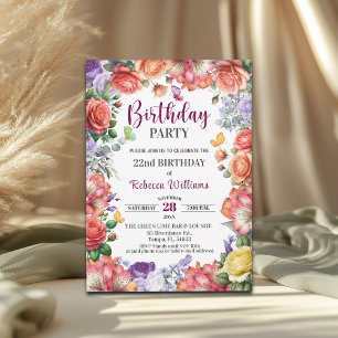 Elegante bunte florale 22. Geburtstagsfeier Einladung