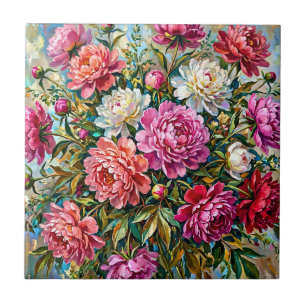 Elegante bunte gemalte Pfingstrosenblumen Fliese