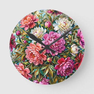 Elegante bunte gemalte Pfingstrosenblumen Runde Wanduhr