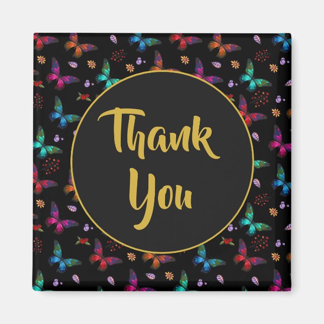 Elegante bunte Schmetterlinge auf schwarz Danke Magnet (Vorne)