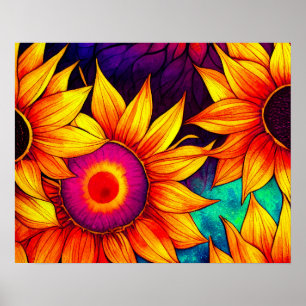 Elegante bunte Sonnenblumen-Blumenkraft-Kunst Poster