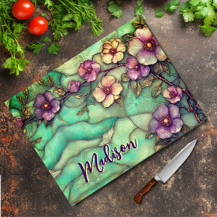 Elegante Buntglas lila Blumen türkis Schneidebrett