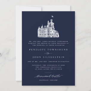 Elegante Burg-Illustration Navy Formale Hochzeit Einladung