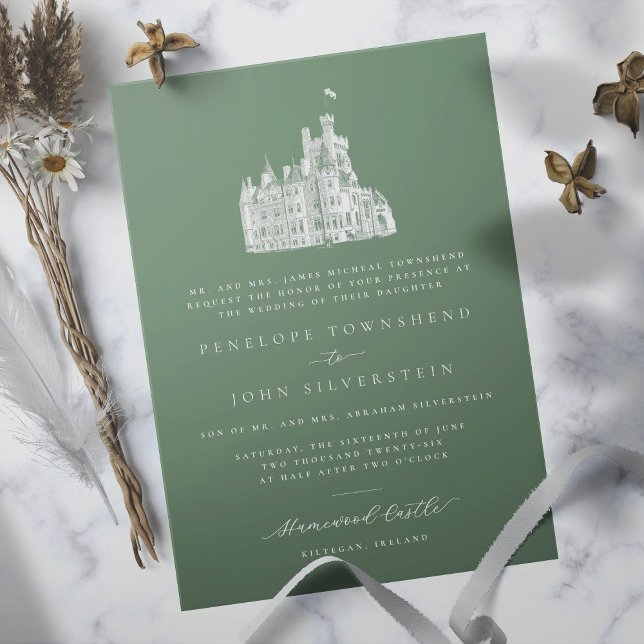 Elegante Burg Parco Tassino Einladung (Sage green formal wedding invitation with an illustration of a castle)