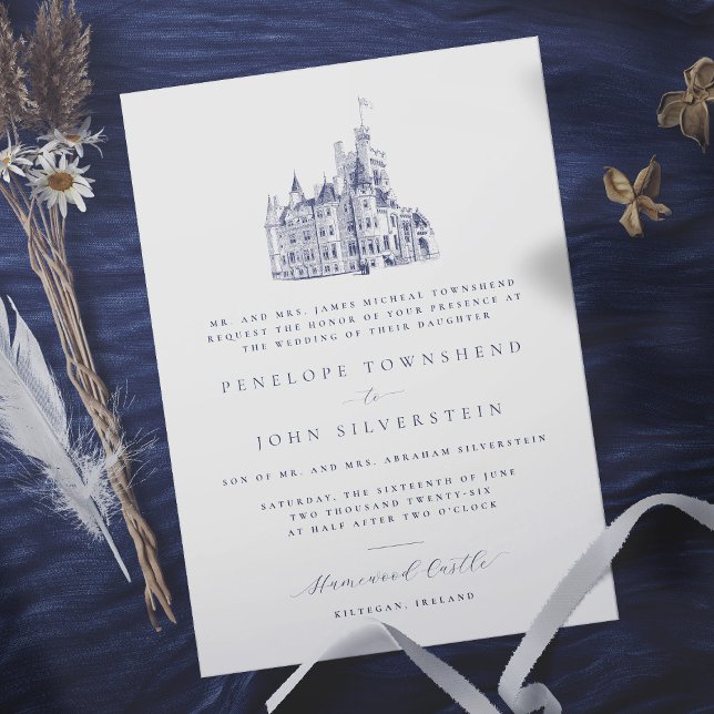 Elegante Burg Parco Tassino Einladung (Elegant white formal wedding invitation with an illustration of a castle)