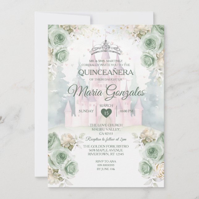 Elegante Burg Sage Grüne Prinzessin Quinceañera Einladung (Vorderseite)