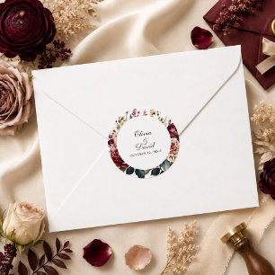 Elegante Burgund & Dusty Rose Florale Hochzeit Runder Aufkleber