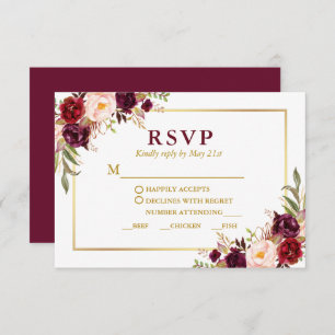 Elegante Burgund Floral Gold Hochzeit RSVP Karte