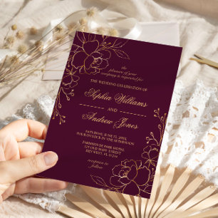 Elegante Burgund & Gold Blume Einladung Hochzeit
