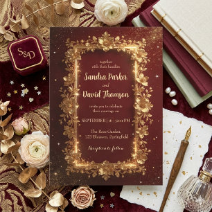 Elegante Burgund & Gold Blumenrahmen Hochzeit  Einladung