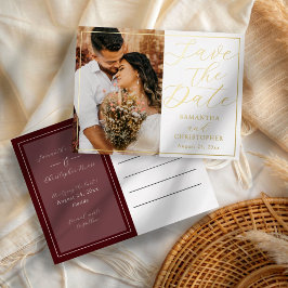 Elegante Burgund & Gold-Foto Save-the-Date-Hochzei Folien Feiertagspostkarte