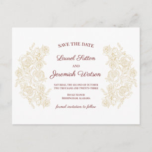 Elegante Burgund & Golden Rose Save the Date Postkarte