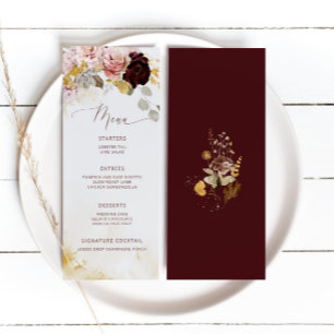 Elegante Burgund-Goldene Hochzeit Menükarte