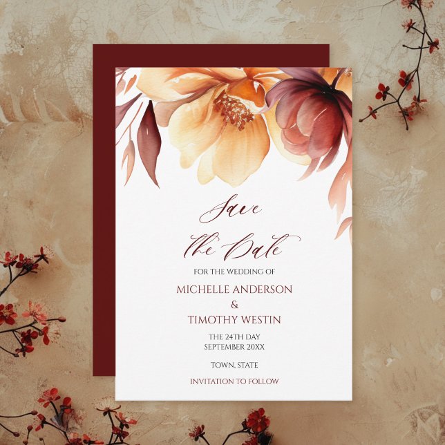 Elegante Burgund Herbst Wasserfarben Save The Date (Von Creator hochgeladen)