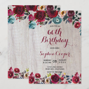 Elegante Burgund Navy Floral 60. Geburtstagsparty Einladung