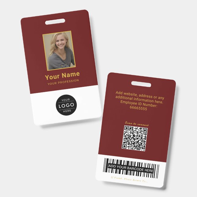 Elegante Burgund QR-Code Universitäts-ID Barcode Ausweis (Vorder- & Rückseite)