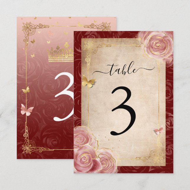 Elegante Burgund Rosa Rose Gold Tischnummer Cards (Vorne/Hinten)