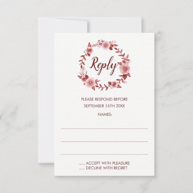 Elegante Burgund-Rose-Kranzekarten RSVP Karte (Vorderseite)