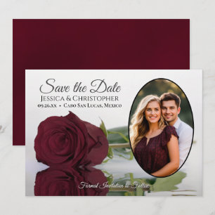 Elegante Burgund-Rose mit Oval Foto Hochzeit Save The Date