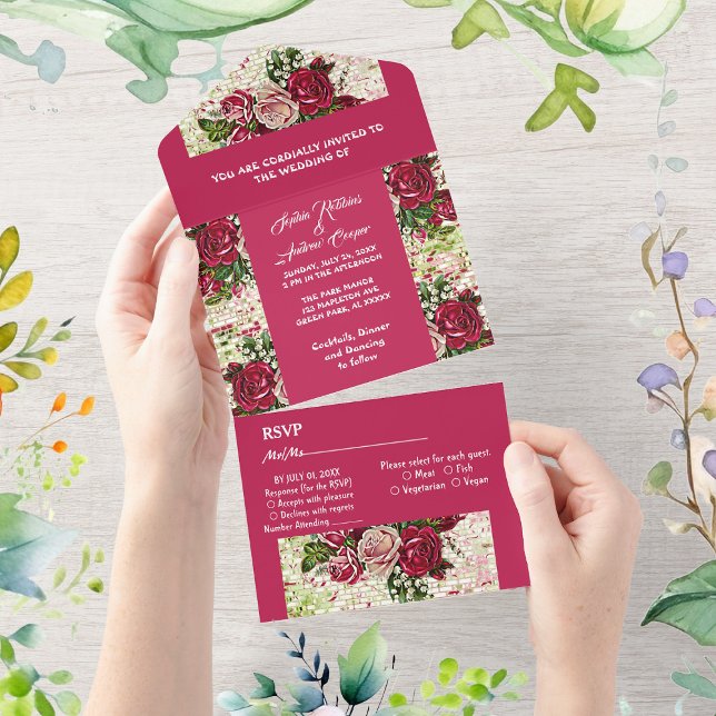 Elegante Burgund Rote Rustikale Rose Hochzeit All In One Einladung (Elegant Burgundy Red Rustic Roses Country Wedding All In One Invitation)