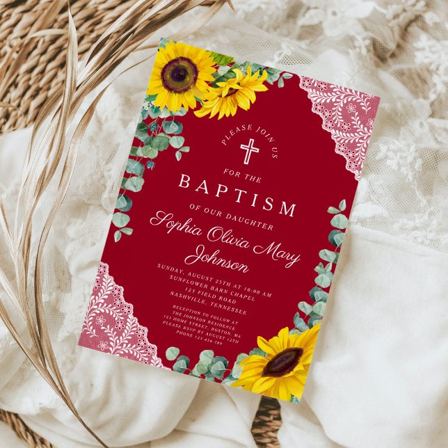 Elegante Burgund Sonnenblumen Girl Taufe Einladung (Elegant Floral Cross Burgundy Girl Baptism Invitation)