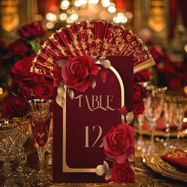 Elegante Burgund und Gold Rustikale Hochzeit Sockelschild (Elegant Burgundy Red Rose Table Number Pedestal Sign)