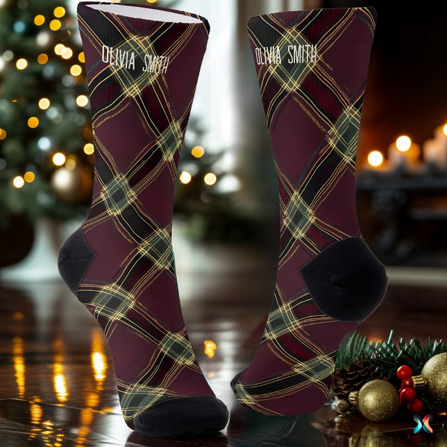 Elegante Burgund und Gold Weihnachten Karierte Cus Socken (Von Creator hochgeladen)