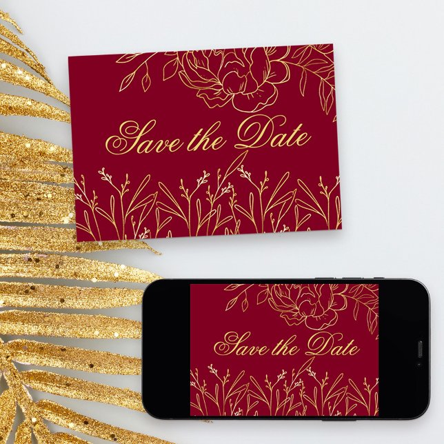 Elegante Burgund und Golden Frische Pasta machen Save The Date (Red and Gold Quinceanera Save the Date, from my Gold Sketched Floral collection)