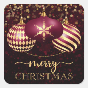 Elegante Burgund und Goldene Christbaumkugeln Froh Quadratischer Aufkleber