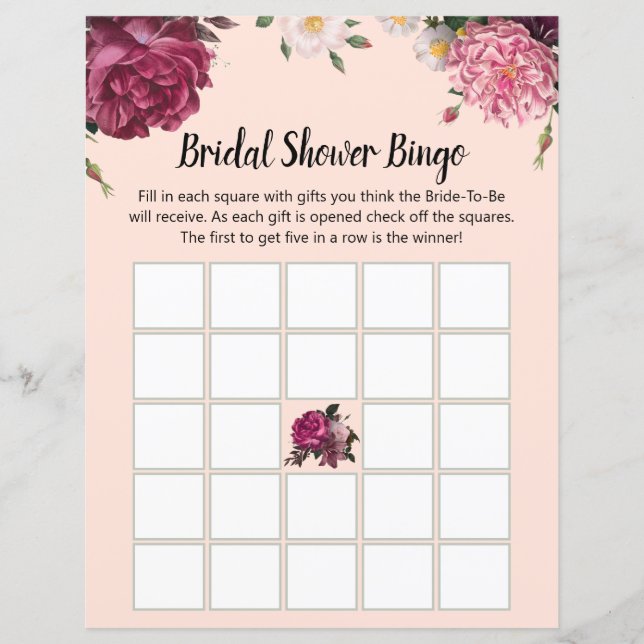 Elegante Burgund und rosa Blume Bridal Bingo (Vorderseite)