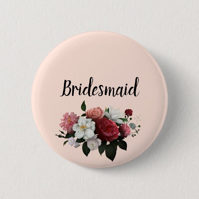 Elegante Burgund und rosa Blume Bridesmaid Button (Vorderseite)