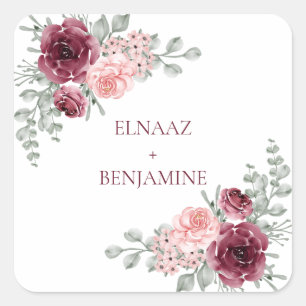 Elegante Burgund und Rosa Rosen Aquarell Hochzeit Quadratischer Aufkleber