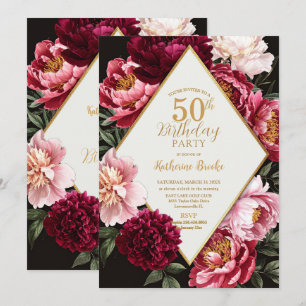 Elegante Burgund- und Rosé-Pfingstrosen-Geburtstag Einladung