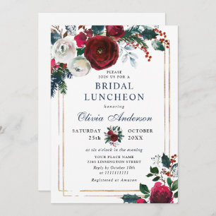 Elegante Burgund Winter Rose BRIDAL LUNCHEON Einladung