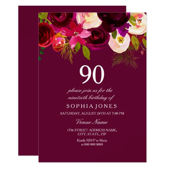 Elegante Burgunder Blumen 90 Geburtstag Laden Ein Einladung