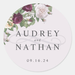 Elegante Burgunder-Blumen Hochzeit Personalisiert Runder Aufkleber