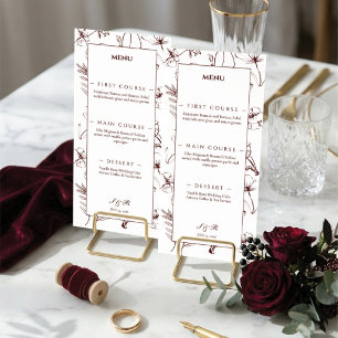 Elegante Burgunder Blumen Linien Kunst Hochzeit Menükarte