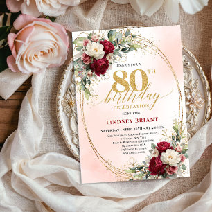 Elegante Burgunder Boho Botanische 80. Geburtstags Einladung