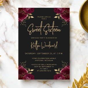 Elegante Burgunder-Gold-Blumen-Dunkle Sweet 16-Par Einladung
