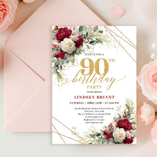 Elegante Burgunder-Gold-Blumen-Einladung zum 90. G Einladung