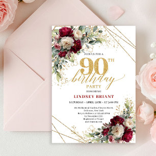 Elegante Burgunder-Gold-Blumen-Einladung zum 90. G Einladung