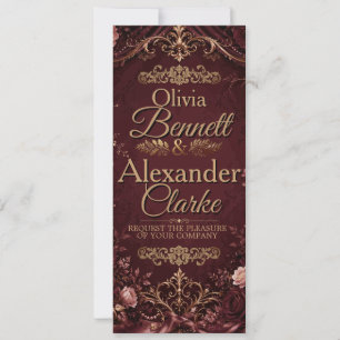 Elegante Burgunder-Gold-Blumen-Hochzeit im Vintage Einladung
