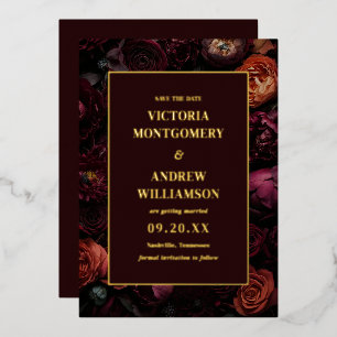 Elegante Burgunder-Gold-Blumenhochzeit - Termin vo Folieneinladung