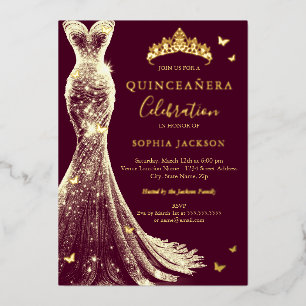 Elegante Burgunder-Gold-Schmetterling Quinceanera Folieneinladung