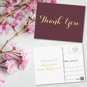 Elegante Burgunder-Gold-Schrift Hochzeits-Dankesch Postkarte